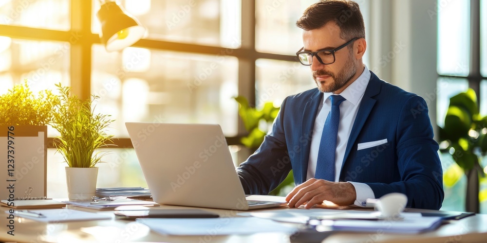 Poster Modern Businessman Working on Laptop with Virtual Data Files and Graphics Representing Digital Storage and Technology in Office Environment