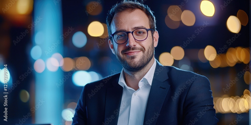 Poster Modern Businessman Working on Laptop with Virtual Data Files and Graphics Representing Digital Storage and Technology in Office Environment