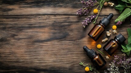 Traditional Medicine with Herbs and Essential Oil Bottles on Wooden Table - AI generated illustration