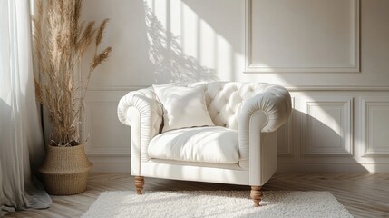 Fototapeta premium Cozy White Tufted Armchair with Decorative Cushion in Modern Room