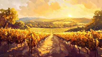 Naklejka premium A vineyard under the golden hour sun, the light illuminating