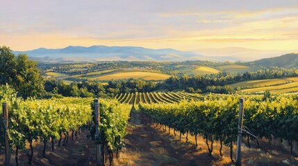 Fototapeta premium A vineyard under the golden hour sun, the light illuminating