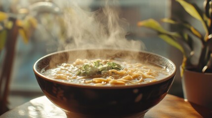A warm bowl of ramen with intricate toppings,