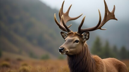 Fototapeta premium Majestic Red Deer Stag with Antlers in Autumnal Mountain Landscape Photography - Wildlife Nature Image