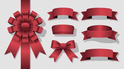 A collection of elegant red ribbons and bows, perfect for gift wrapping and decorating occasions. Various styles featuring a large bow and smaller ribbons.