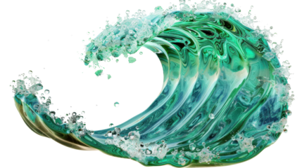 Big ocean wave splashing with foam on transparent background