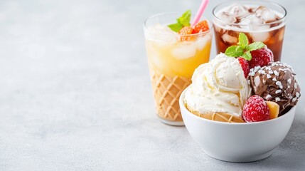 Refreshing ice cream dessert with fruit and drinks
