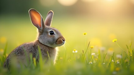 Obraz premium Adorable Bunny Rabbit in Sunny Meadow Springtime Wildlife Photography Cute Hare in Green Grass Field Nature Image