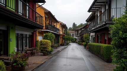 Colorful Houses on a Rainy Day in a European Village