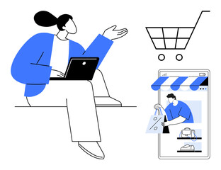 Woman using laptop, shopping cart icon, mobile store with delivery. Ideal for e-commerce, digital marketing, online shopping, mobile commerce, retail, consumer behavior business growth abstract line