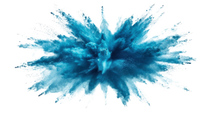 Blue powder exploding creating colorful smoke on transparent background