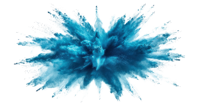 Blue powder exploding creating colorful smoke on transparent background