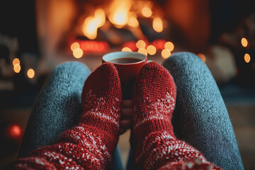 Person wearing red socks sitting at a table holding a cup of coffee in a cozy indoor setting with soft lighting and a casual atmosphere