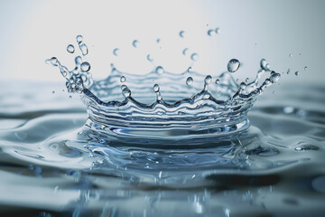 Water splashing on a smooth white surface creating droplets and ripples showcasing the beauty of liquid motion and texture in a minimalistic setting