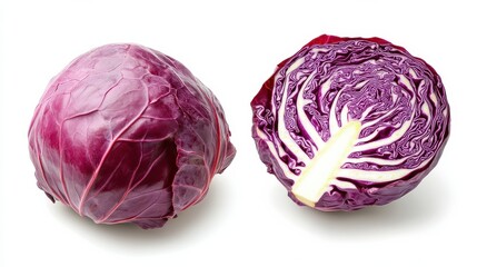 Obraz premium Fresh whole and halved red cabbage on white background for healthy eating and cooking