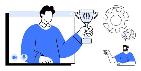 Person holds a trophy in video call, another points, and gears rotate. Ideal for success, remote work, communication, teamwork, productivity virtual meetings innovation. Abstract line flat metaphor
