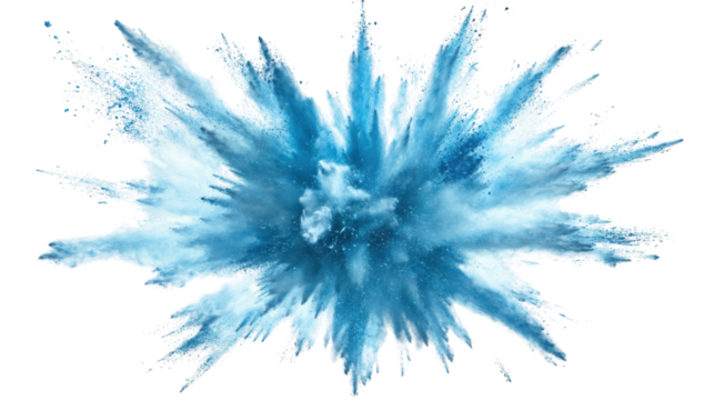Blue powder exploding creating colorful smoke effect on transparent background