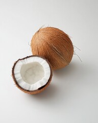 Whole and halved coconuts on white background highlighting tropical freshness and texture