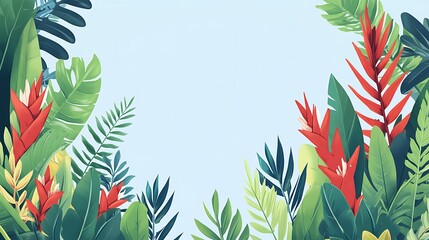 Vibrant Tropical Flowers and Lush Green Leaves Frame
