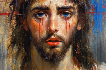 Emotional portrait of Jesus Christ wearing a crown of thorns with realistic painted details symbolizing sacrifice faith and divine suffering