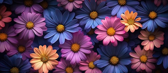 Fototapeta premium Colorful daisies, floral backdrop, close-up, website design