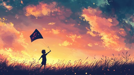 Illustration of a child flying a kite in a pastel sunset sky,