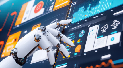  AI-powered marketing automation with a robotic hand analyzing customer data on a futuristic digital dashboard for business intelligence and data driven strategy