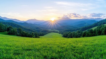 Obraz premium Sunset over green valley, mountain range backdrop, peaceful landscape, nature photography