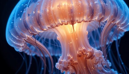 Obraz premium Illuminated Jellyfish Bell And Tentacles Underwater