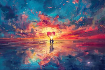 Couple walking hand in hand on a beach at sunset with a heart-shaped reflection in the water