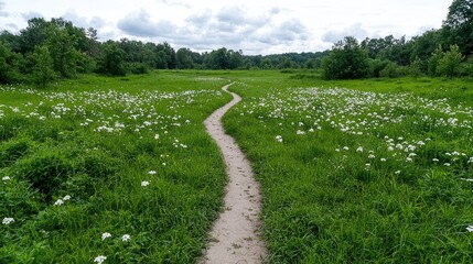 Winding path through meadow, wildflowers, summer day