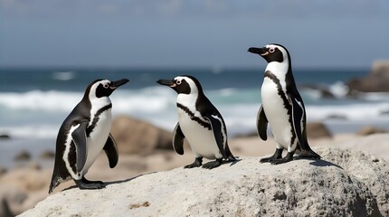 Fototapeta premium Three African Penguins on Rocky Beach near Ocean Waves Stunning Wildlife Photography Image of Adorable Birds