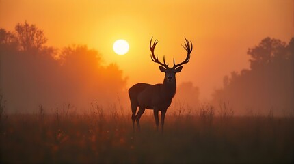 Obraz premium Majestic Red Deer Stag Silhouette at Sunrise in Misty Meadow, Golden Hour Wildlife Photography, Nature Image, Autumnal Landscape