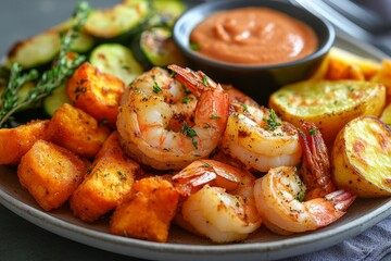 Grilled shrimp, potatoes, zucchini, and sauce.  Healthy meal