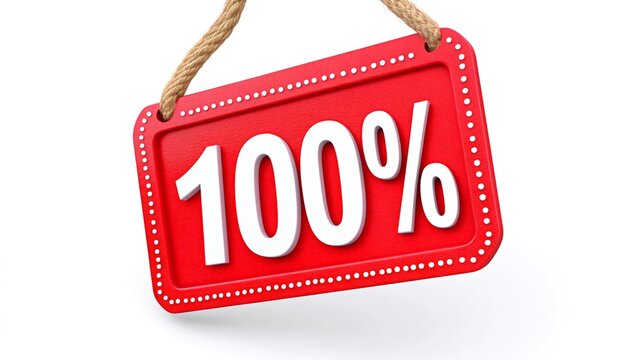 Red 100% sale sign hanging, white background.  For advertising, promotions