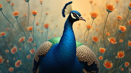 Majestic Indian Peacock in Vibrant Orange Flower Field Stunning Digital Art Print Nature Wildlife Bird Photography