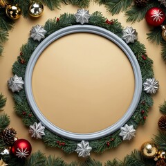gray themed round frame border Christmas decoration on gold background