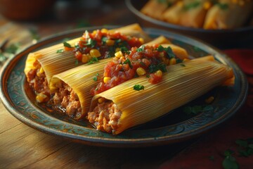 Delicious tamales, savory filling, corn salsa, rustic setting, food photography