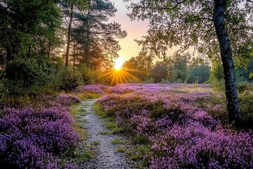 Breathtaking sunrise over a vibrant purple heathland field, with blooming flowers and a serene pathway winding through the Westerheide in Hilversum, The Netherlands.
