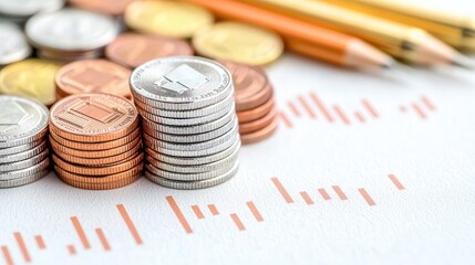 Coins stacked on graph, pencils, savings, finance, business