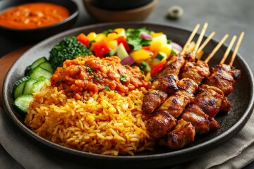 Fototapeta premium Delicious satay skewers with rice, beans, and salad