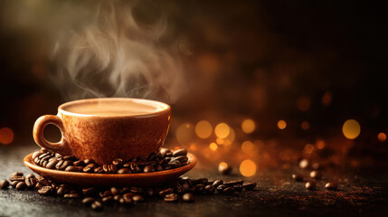 Obraz premium Steaming cup of freshly brewed coffee with roasted beans on a rustic saucer and warm golden bokeh lights creating a cozy ambiance