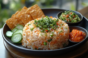 Delicious fried rice, vegetables, and sauces