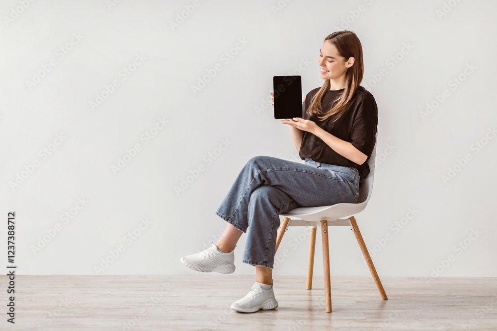 Poster charming young woman showing tablet with empty screen, sitting on chair against white studio wall, m