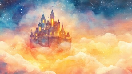 Naklejka premium Watercolor painting of a magical castle floating on pastel clouds,