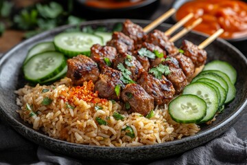 Fototapeta premium Grilled beef satay with rice, cucumber, and sauce (1)