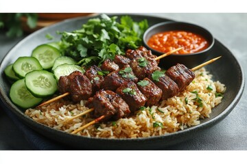 Fototapeta premium Grilled beef skewers, rice, sauce, cucumbers