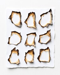 Burned paper holes grid, white background, art concept