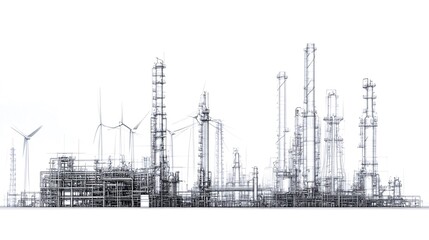 Refinery, wind turbines, energy transition, industrial complex, white background, stock photo