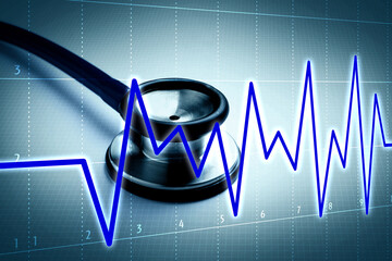 Stethoscope and heartbeat line on color gradient background, closeup. Healthcare concept
